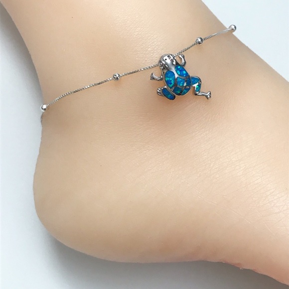 Sterling Silver Opal Frog Anklet - Picture 2 of 8